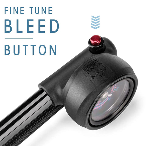 Close-up of bleed button and gauge on High Pressure Bike Shock Pump With No Loss Schrader Valve For Front Fork And Rear Suspension 400 PSI Gauge.