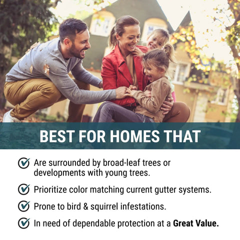 Family playing outside a home with checklist for gutter guard benefits in foreground