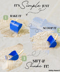 Image of a Two In One Chicken Poop Scooper And Rake For Coop Cleanup, Durable Sand Sifting Shovel in three steps: rake, scoop, sift.