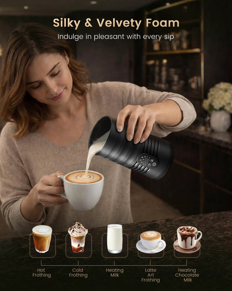 Woman using Cafe-Style Barista-Grade Milk Foam Maker And Frother With Temperature Display, 350ml capacity, for latte art.