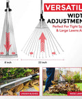 Adjustable Metal Rake With Collapsible Telescopic Handle for lawn cleanup, showing adjustable teeth width from 8 to 23 inches.