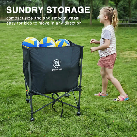 Rolling Ball Storage Cart With Lockable Wheels, Collapsible Multi-Sport Gear Organizer in backyard holding volleyballs, child nearby