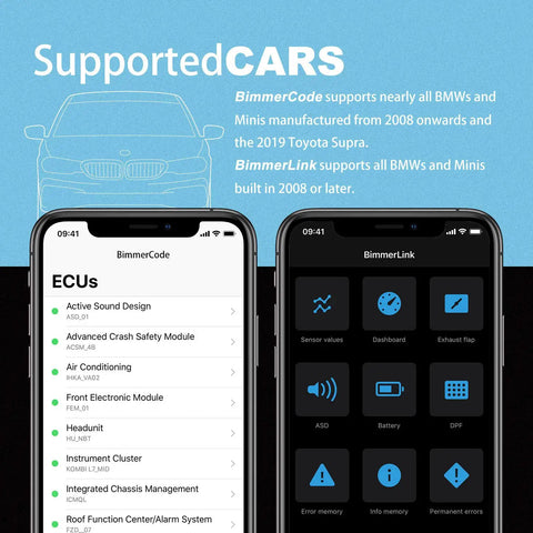 BimmerCode and BimmerLink apps displayed on phones with BMW car outline, highlighting Dope Bluetooth BLE OBD2 Scanner For BMW And Mini Unlock Hidden Features With BimmerCode On iPhone And Android OBD II Diagnostic Tool With Battery Registration DPF Regeneration And Exhaust Flap Remote.