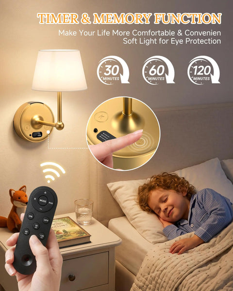 Battery Operated Wall Sconces Set of 2 with remote control features, shown beside a sleeping child, ideal for bedroom decor.