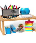 Bamboo Kitchen Cabinet Shelf Organizer for Pantry, Countertop, holding office supplies and glasses.