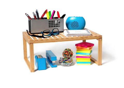 Bamboo Kitchen Cabinet Shelf Organizer for Pantry, Countertop, holding office supplies and glasses.