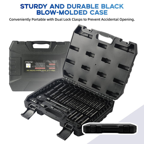 64 Piece Three Eighths Inch Drive Socket Set With SAE Five Sixteenths To One Inch And Metric Six Millimeter To Twenty Four Millimeter Sockets Deep and shallow wells in black blow-molded case
