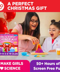 Two girls using Girls Science Kit For Ages Four To Eight With Over 50 Experiments STEM Toy For Learning And Discovery Easter And Birthday Gift Idea Educational Projects That Spark Problem Solving, surrounded by science materials.
