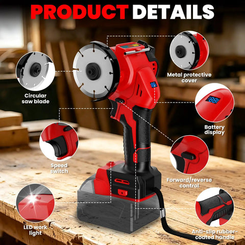 Heavy Duty Cordless Cut Off Tool Compatible With Milwaukee 18V Battery, 3 Inch Brushless Mini Cut Off Saw 18000 RPM With Variable Speed, Includes 4 Cutting Wheels For Metal Wood Plastic Tool Only; front view with blade, display