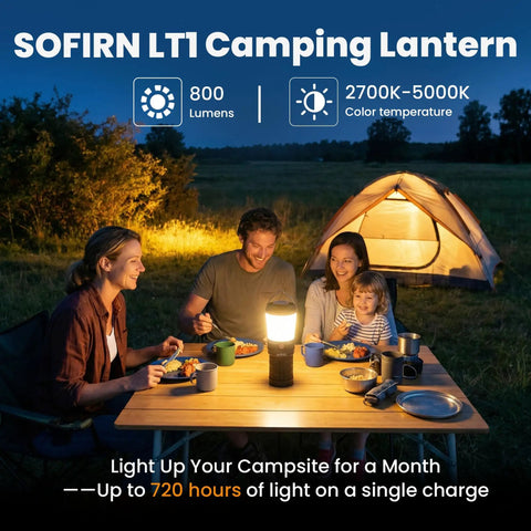 Rechargeable Camping Lantern LT1 With 8 LH351D LEDs used by a smiling family at a campsite table near a tent.