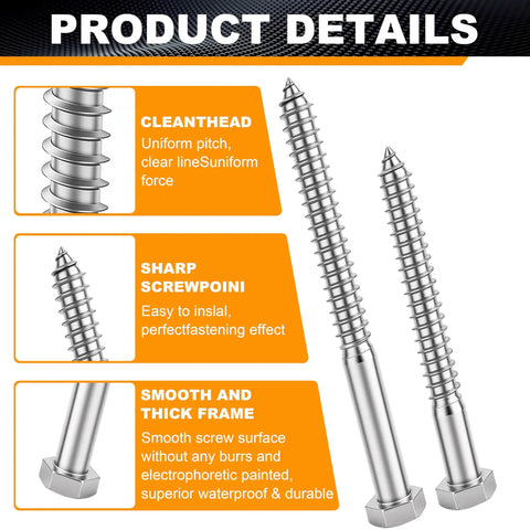Three Weekend Warrior Approved 304 Stainless Steel Hex Head Lag Bolts For Wood, showcasing clean head and sharp screw points.