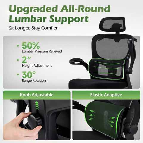 Ergonomic Office Chair With Adjustable Lumbar Support And Headrest, mesh back, highlighting lumbar adjustments and controls.