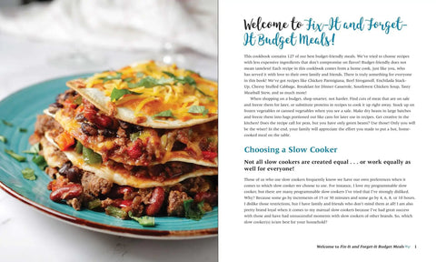 Budget Slow Cooker And Instant Pot Cookbook 127 Quick Easy Affordable Recipes showcasing layered beef and bean dish on blue plate.