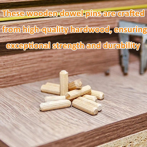 Wooden dowel pins from 100 Pack Wooden Dowel Pins 8X30MM Hardwood Twist Groove Pegs With Tapered Ends on wood surface.