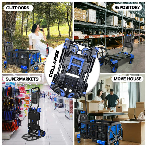 2 In 1 Folding Hand Truck With Four Foldable Wheels And Retractable Handle Heavy Duty Moving Dolly Cart Blue in various uses