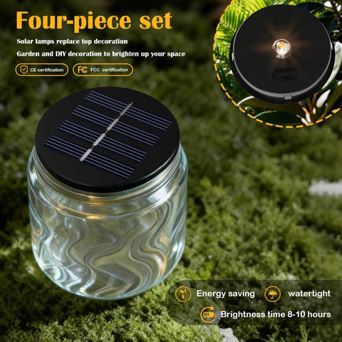 4 Pack Solar Light Replacement Tops For Outdoor Lanterns on grass, glass lantern with solar panel and LED module, energy saving