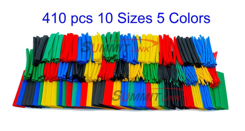 Assorted Heat Shrink Tubing Kit 410 Pieces With Five Colors And Ten Sizes for electronics, showing multicolored tubing