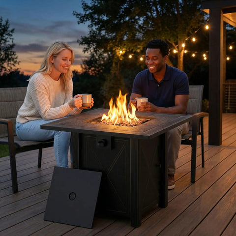 People enjoying 30 Inch Propane Fire Pit Table With Premium Ceramic Top, 50000 BTU Gas Firepit at patio during evening
