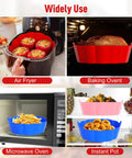 3-Pack Reusable Silicone Air Fryer Liners, colorful with food in air fryer, baking oven, microwave, and instant pot.