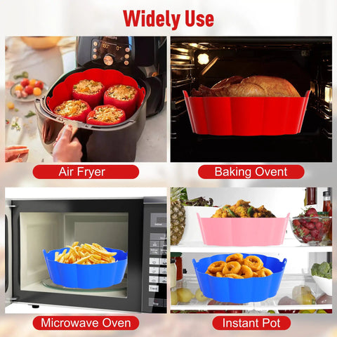 3-Pack Reusable Silicone Air Fryer Liners, colorful with food in air fryer, baking oven, microwave, and instant pot.