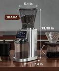 Conical Burr Coffee Grinder with 40mm stainless steel burrs, precision timer, LED touchscreen, 48 grind settings, on counter.