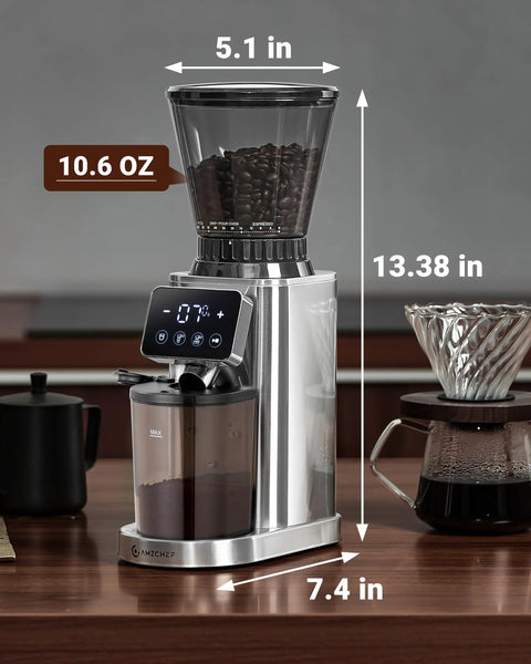 Conical Burr Coffee Grinder with 40mm stainless steel burrs, precision timer, LED touchscreen, 48 grind settings, on counter.
