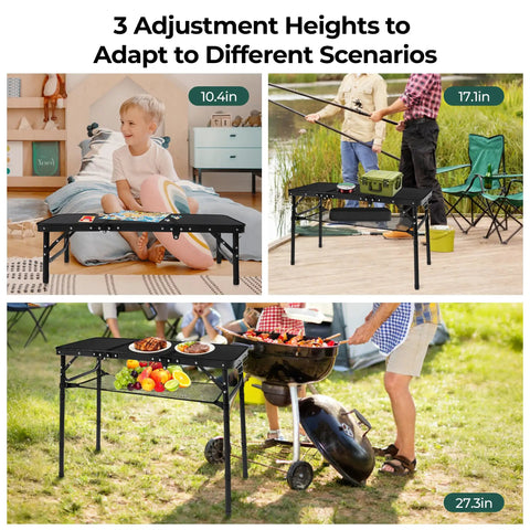 Foldable Camping Table With Storage Net Aluminum Portable Table With Three Height Settings Up To 27.3 Inches in different settings