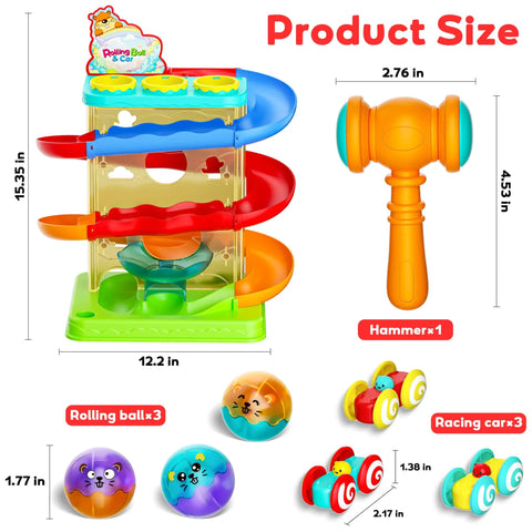 Two In One Rolling Ball And Car Ramp Race Track For Toddlers With Sensor Lights And Light Up Balls And Mini Cars A Totally Fun Montessori STEM Playset For Kids Ages 1 To 5, shown with size details of toy hammer, rolling balls, and mini cars.