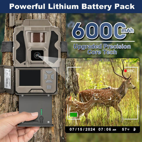 2 Pack Rechargeable Reveal Lipo Battery Pack For Trail Cameras Compatible With Reveal X Gen Three Or Gen Two X Pro Three Pro X Ultra Three SK XB X With LED Power Meter And Solar Charging next to trail camera capturing deer