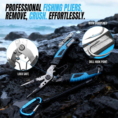 Professional fishing pliers from All In One Fishing Kit With Rod And Reel, Net, Tackle Box, Lures And Pliers, highlighted features