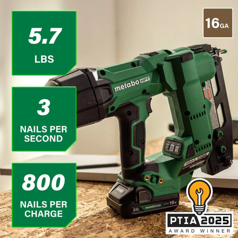 18 Volt Cordless Brushless 16 Gauge Finish Nailer Kit With 2.0Ah Battery displayed on a workbench, PTIA 2025 award winner badge