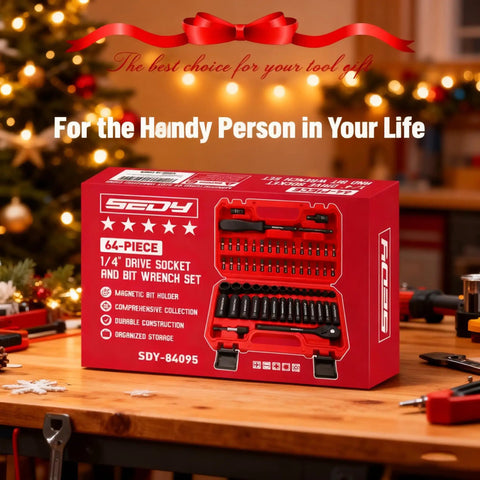 Box of 64 Piece One Quarter Inch Drive Impact Socket Set With Deep And Shallow Sockets Cr-V And S2 Power Bits on table