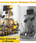 Ultra Large 86 Tool Capacity Freestanding Garden Tool Organizer for Garage and Shed holding rakes, shovels, and brooms.