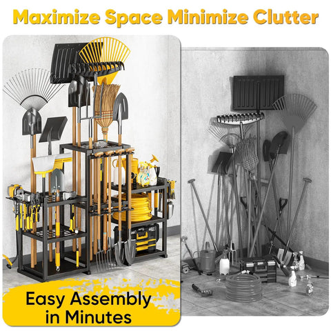 Ultra Large 86 Tool Capacity Freestanding Garden Tool Organizer for Garage and Shed holding rakes, shovels, and brooms.