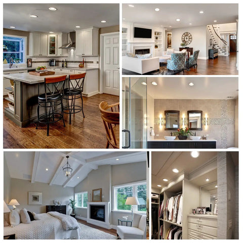 Collage of interiors using 12 Pack 5 To 6 Inch LED Can Lights Retrofit Recessed Lighting With Dimmable Damp Rated Baffle Trim CRI 90.