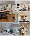 Collage of indoor settings with 12 Pack 5 To 6 Inch LED Recessed Lighting With Baffle Trim, CRI90, 1100 Lumen, 5000K installed