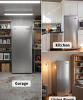 11 Cubic Foot Convertible Upright Fridge And Freezer Freestanding Setup in garage, kitchen, and living room settings.