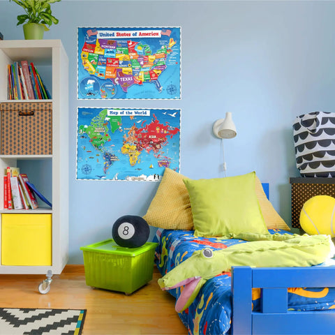 United States Map For Kids And World Map For Kids Two Piece Set 24 By 16 Inches Waterproof Classroom Posters on children's bedroom wall.
