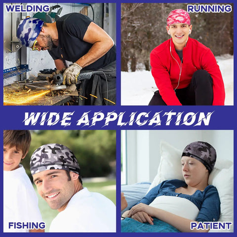 Collage showing uses of 10 Pack Skull Caps For Men, Cooling Helmet Liners in welding, running, fishing, and as patient wear.