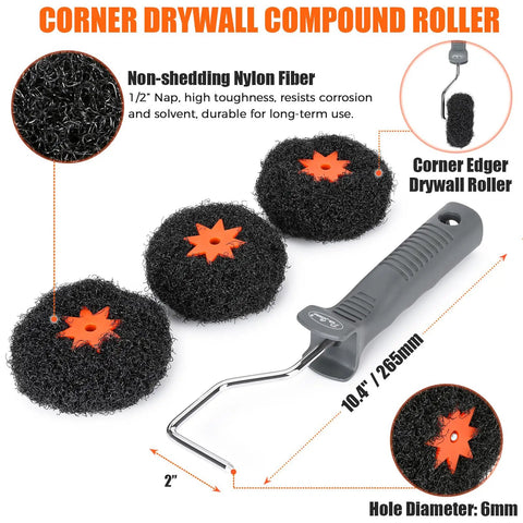 Four Pack Drywall Corner Roller Kit With Two Inch Threaded Frame And Half Inch Nap Covers For Slick Joint Compound Application That Goes On Smooth And Makes Wall Finishing Work A Breeze, featuring durable nylon fiber rollers and a sturdy metal frame.