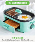 3 In 1 Breakfast Station With Ceramic Nonstick Dual Griddles For Eggs Sausage Bacon Pancakes And Breakfast Sandwiches, 2 Slice Toast Drawer And Easy Timer Turquoise Kitchen Appliance showing toast and cooking egg