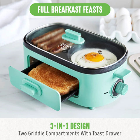 3 In 1 Breakfast Station With Ceramic Nonstick Dual Griddles For Eggs Sausage Bacon Pancakes And Breakfast Sandwiches, 2 Slice Toast Drawer And Easy Timer Turquoise Kitchen Appliance showing toast and cooking egg