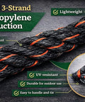 Close-up of Heavy Duty Truck Rope For Cargo Securement And Tie Downs With Twisted 3 Strand Polypropylene Black With Orange Tracer