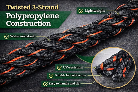 Close-up of Heavy Duty Truck Rope For Cargo Securement And Tie Downs With Twisted 3 Strand Polypropylene Black With Orange Tracer