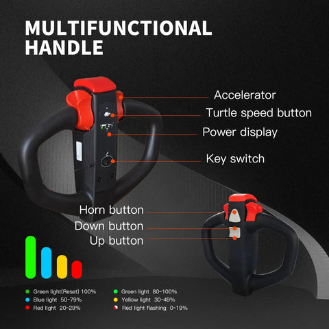 Multifunctional handle of Robust 4400 Lb Capacity Motorized Electric Pallet Jack Truck with buttons for operation and control.