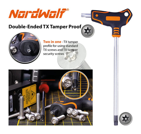 Double-ended TX tamper-proof T-handle wrench with security star keys shown with screws.