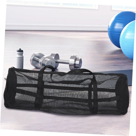 Large Mesh Sports Gear Bag For Gym And Outdoors with fitness equipment in a bright workout room