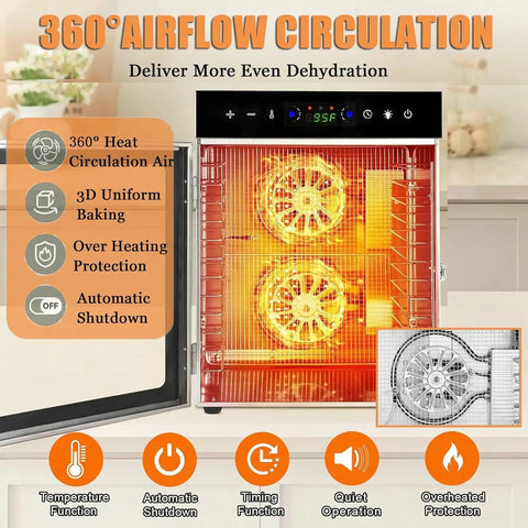 Image of Eight Tray Food Dehydrator With Precise Digital Timer And Temperature Control showing inner 360° airflow design and features.
