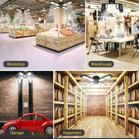 2 Pack LED Garage Light Ridiculously Bright 200W 20000 Lumens Deformable Eight Panel Screw In E26 E27 Ceiling Shop Lamp illuminating various spaces like garage, workshop, warehouse, and basement.