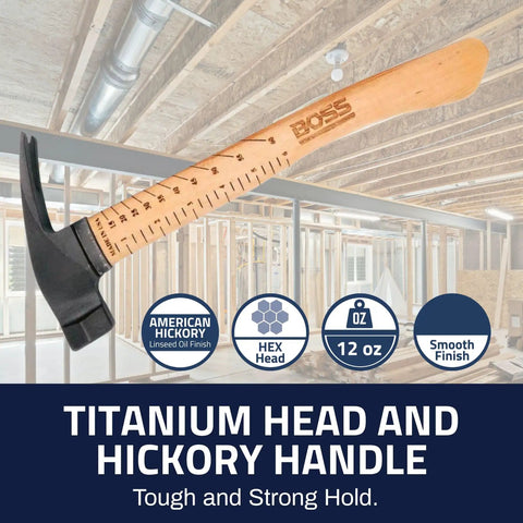 10 Oz Titanium Pro-Grade Hammer With Tennessee Hickory Handle, Magnetic Nail Starter, Framing Square, Rip Claw in workshop
